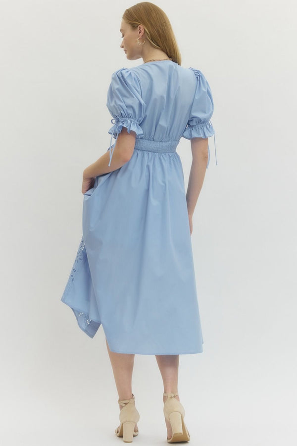 Solid Embroidered Puff Sleeve Dress- Lt. Blue