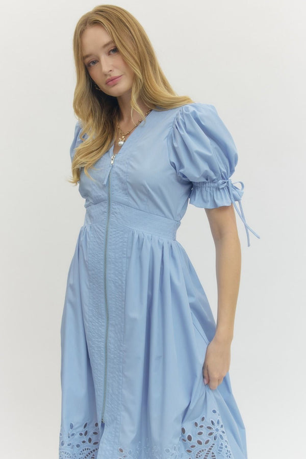 Solid Embroidered Puff Sleeve Dress- Lt. Blue