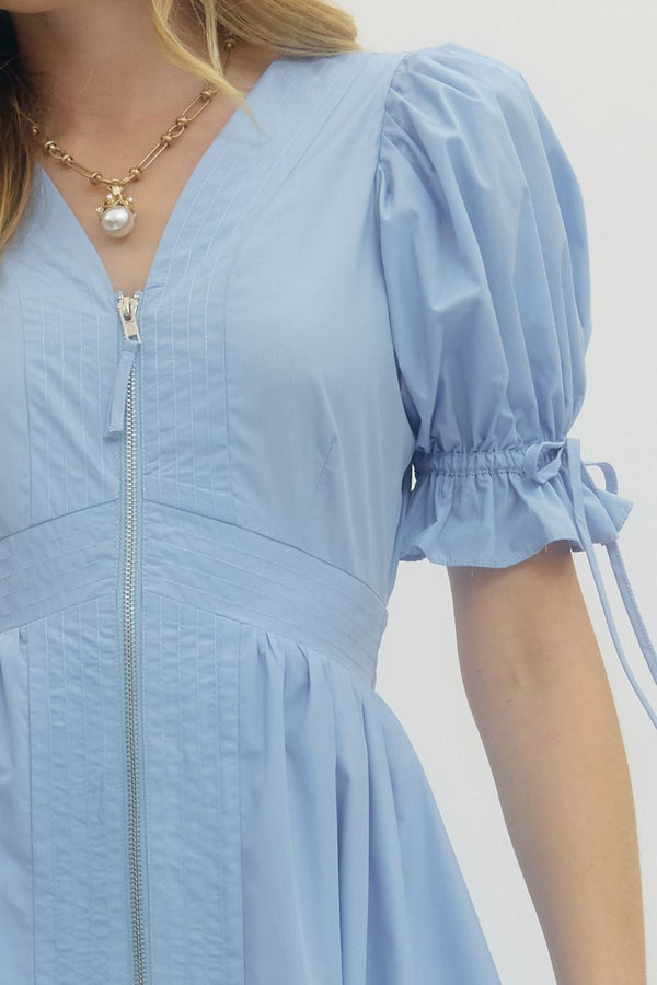 Solid Embroidered Puff Sleeve Dress- Lt. Blue