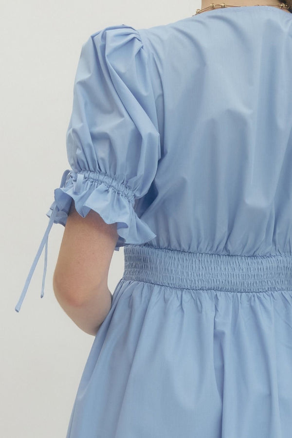 Solid Embroidered Puff Sleeve Dress- Lt. Blue
