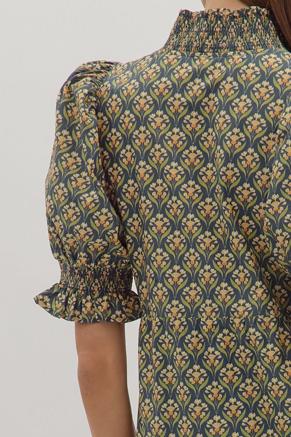 Botanical Print Puff Sleeve Dress- Hunter Green