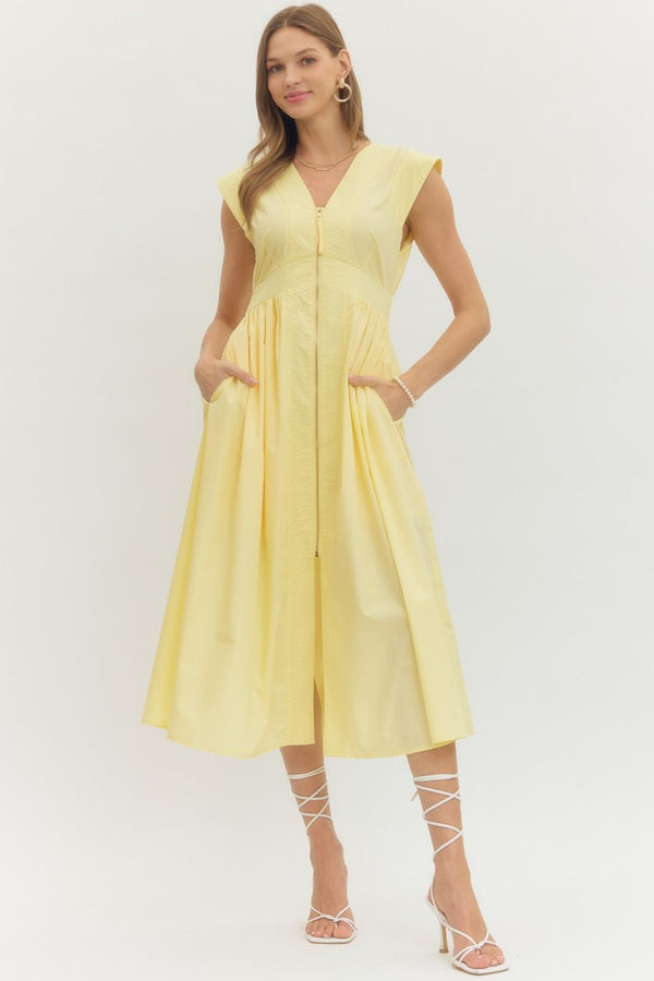 Solid V-Neck Zip-Up Dress- Yellow