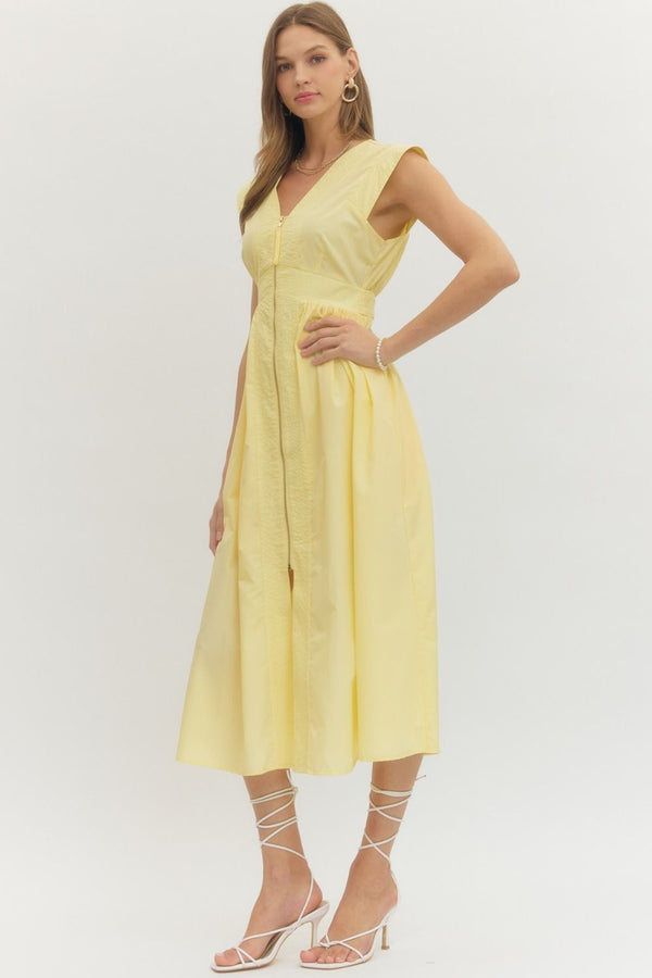 Solid V-Neck Zip-Up Dress- Yellow