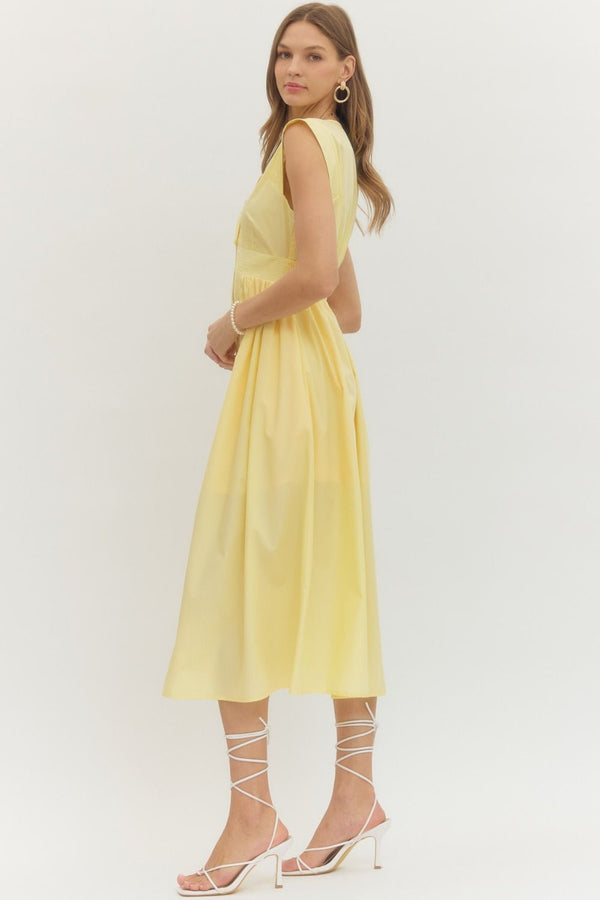 Solid V-Neck Zip-Up Dress- Yellow