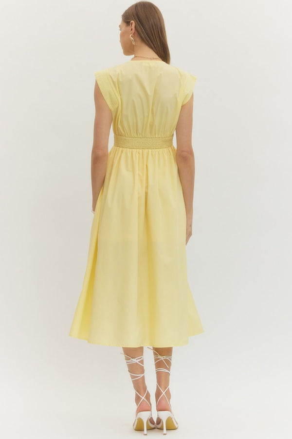 Solid V-Neck Zip-Up Dress- Yellow