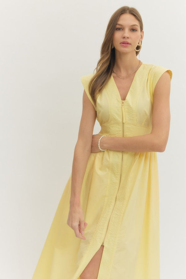 Solid V-Neck Zip-Up Dress- Yellow
