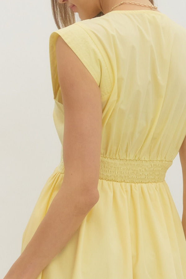 Solid V-Neck Zip-Up Dress- Yellow