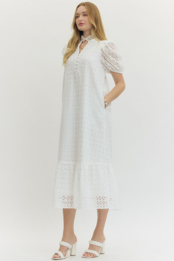 Eyelet Short Puff Sleeve Dress- White