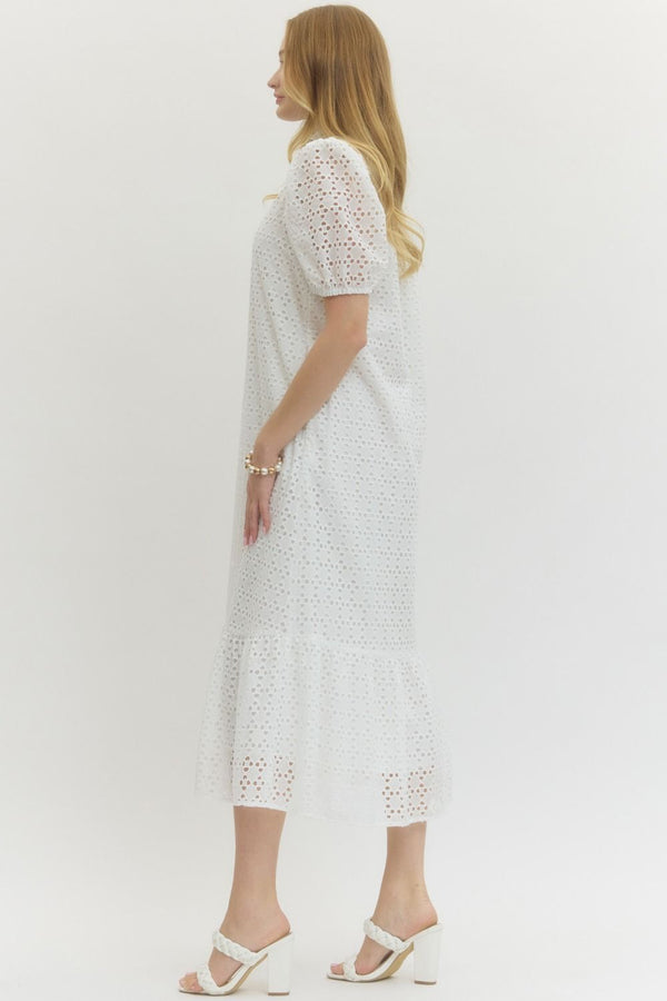 Eyelet Short Puff Sleeve Dress- White