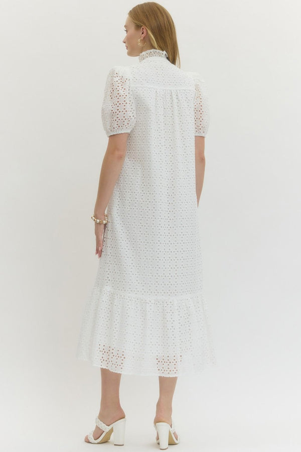 Eyelet Short Puff Sleeve Dress- White