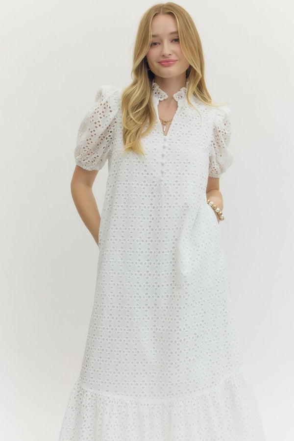 Eyelet Short Puff Sleeve Dress- White