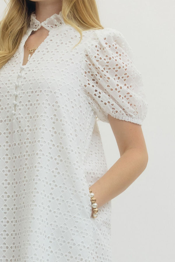 Eyelet Short Puff Sleeve Dress- White