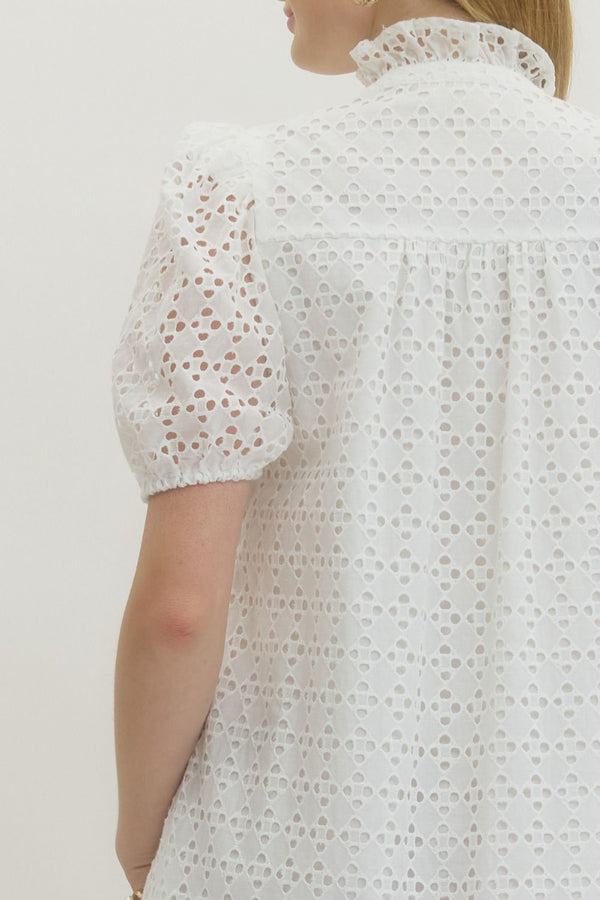 Eyelet Short Puff Sleeve Dress- White