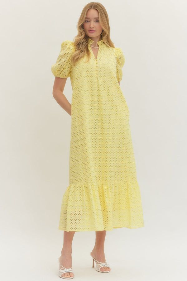 Eyelet Short Puff Sleeve Dress- Lemon