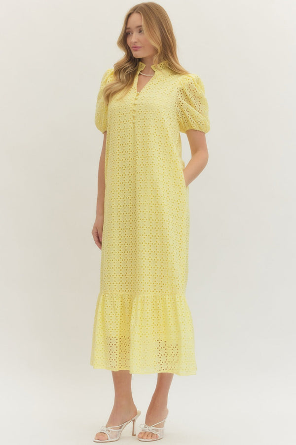 Eyelet Short Puff Sleeve Dress- Lemon