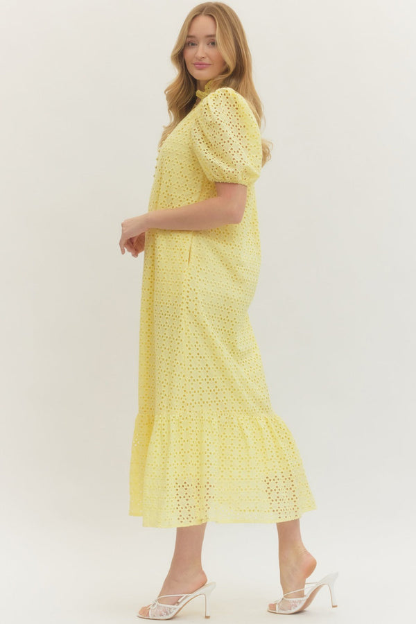 Eyelet Short Puff Sleeve Dress- Lemon