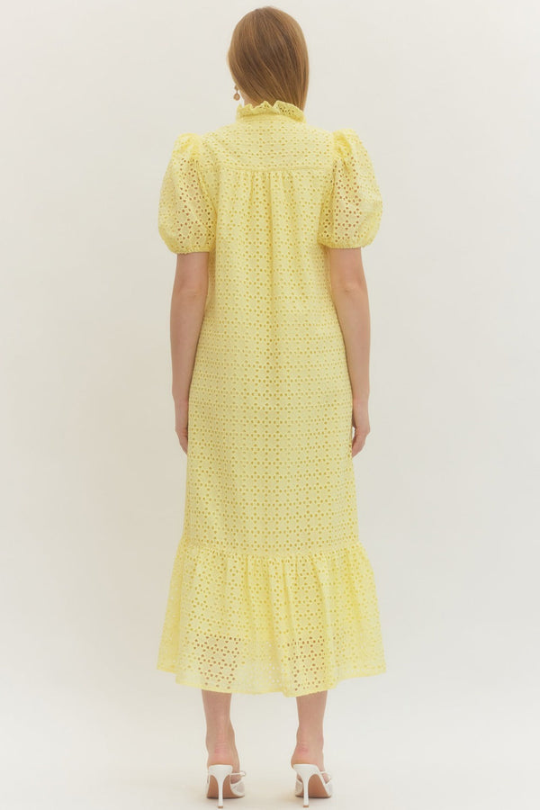 Eyelet Short Puff Sleeve Dress- Lemon