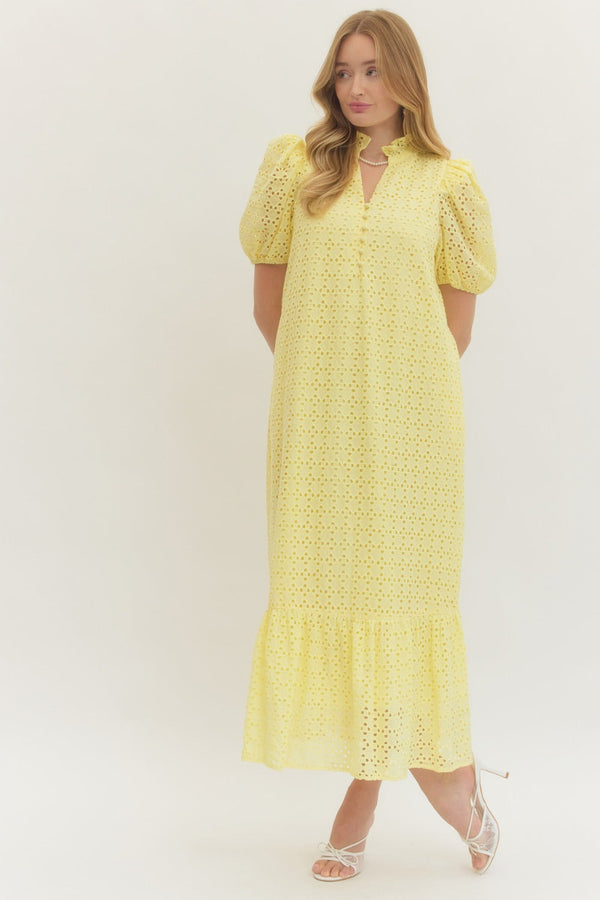 Eyelet Short Puff Sleeve Dress- Lemon