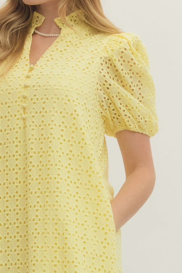 Eyelet Short Puff Sleeve Dress- Lemon