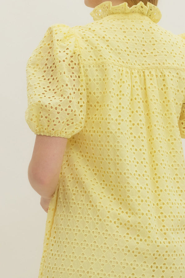 Eyelet Short Puff Sleeve Dress- Lemon