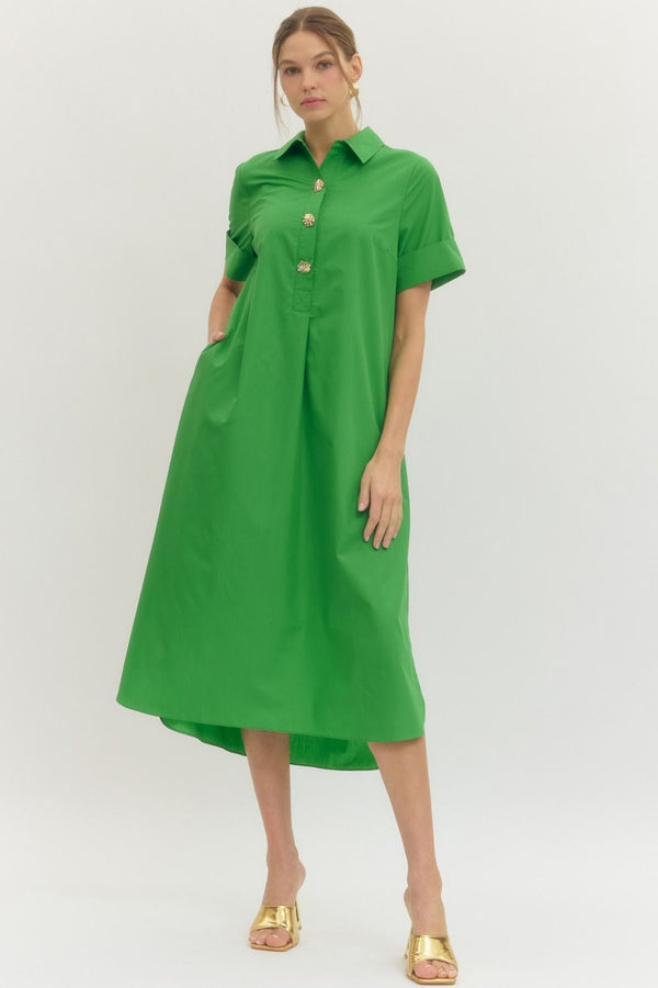 Solid Short Sleeve Collar Dress- Green