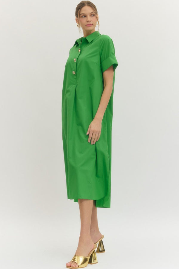 Solid Short Sleeve Collar Dress- Green
