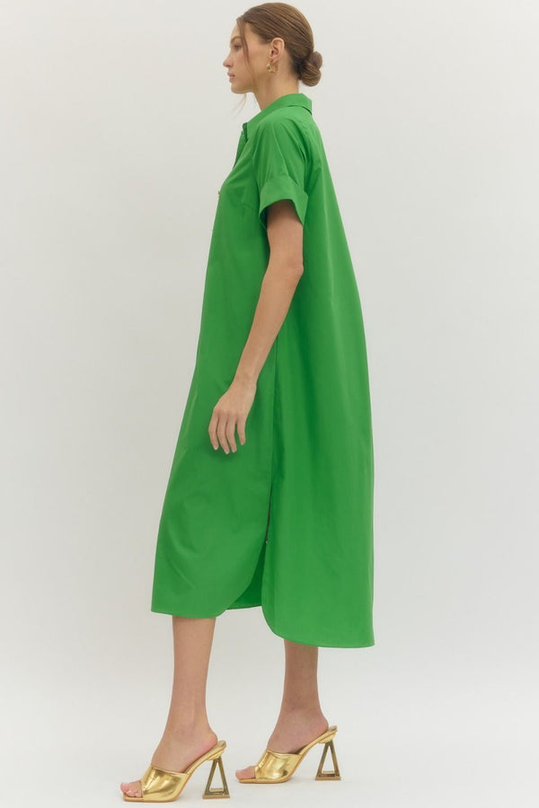 Solid Short Sleeve Collar Dress- Green