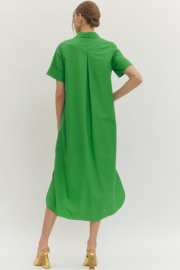 Solid Short Sleeve Collar Dress- Green