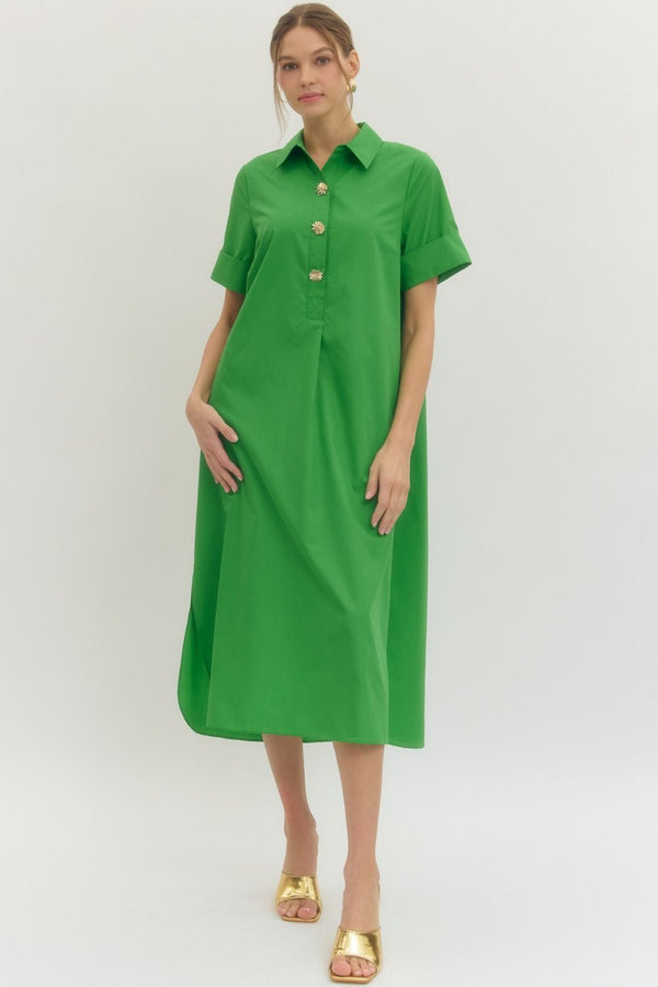 Solid Short Sleeve Collar Dress- Green