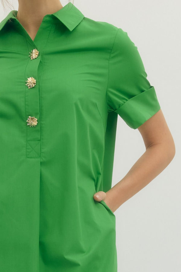 Solid Short Sleeve Collar Dress- Green