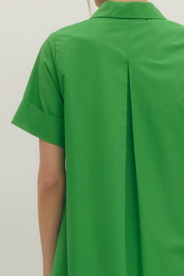 Solid Short Sleeve Collar Dress- Green