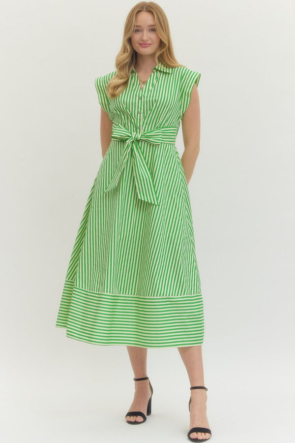 Striped V-Neck Dress- Green