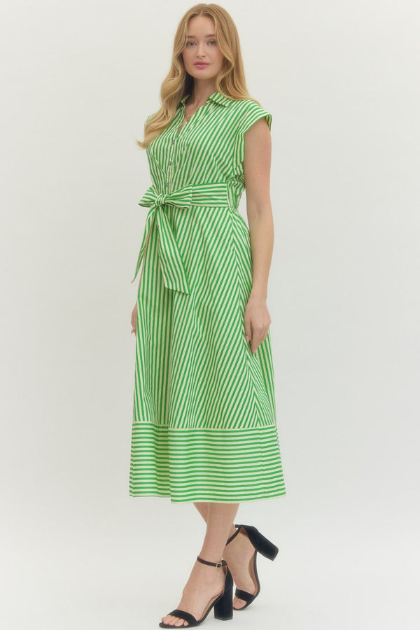 Striped V-Neck Dress- Green