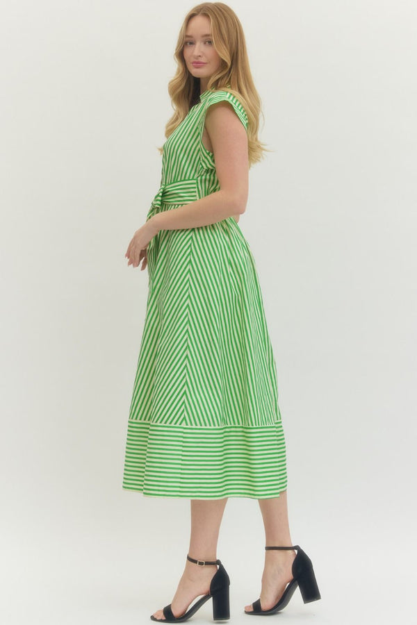 Striped V-Neck Dress- Green
