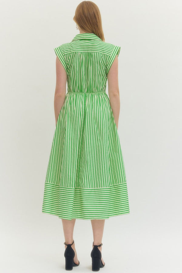 Striped V-Neck Dress- Green