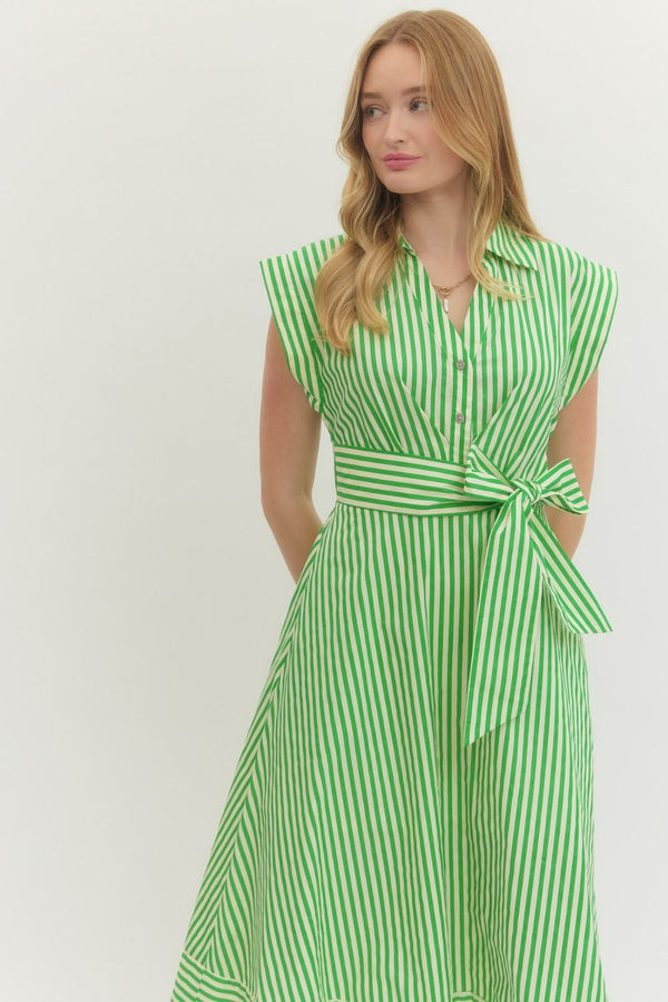 Striped V-Neck Dress- Green