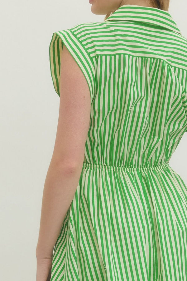 Striped V-Neck Dress- Green
