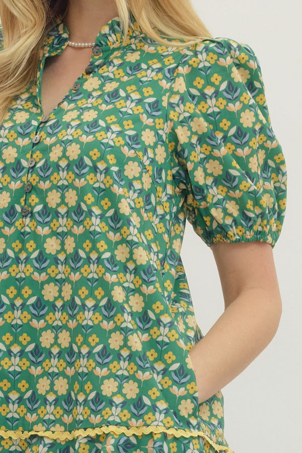 Botanical Print Puff Sleeve Dress- Green