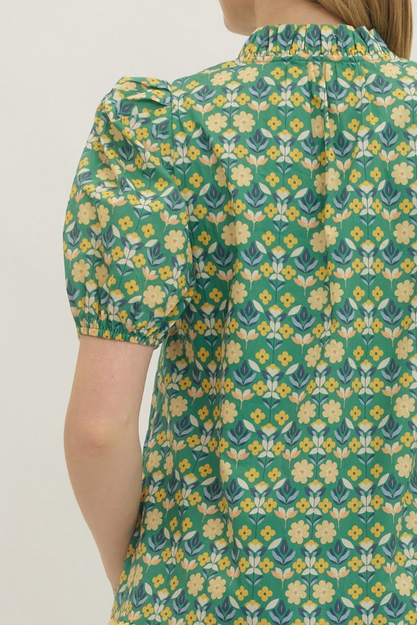 Botanical Print Puff Sleeve Dress- Green