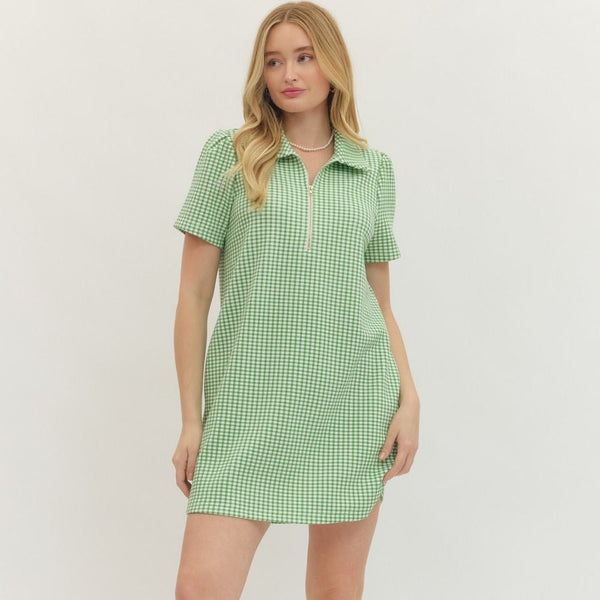 Gingham Print Half Zip Dress- Green