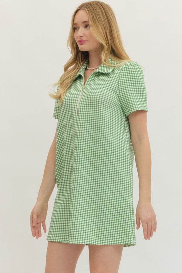 Gingham Print Half Zip Dress- Green