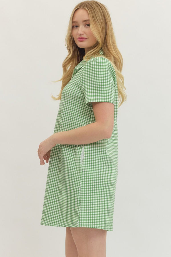 Gingham Print Half Zip Dress- Green