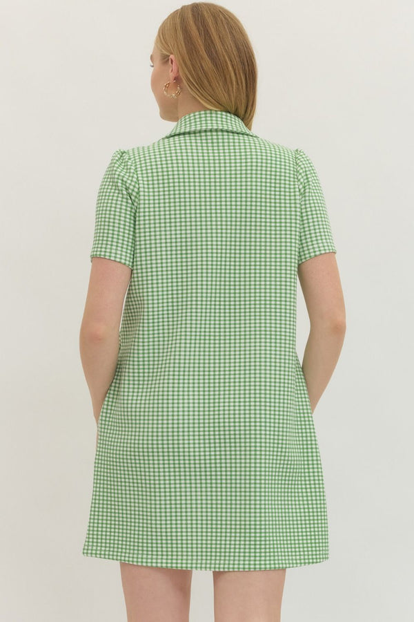 Gingham Print Half Zip Dress- Green
