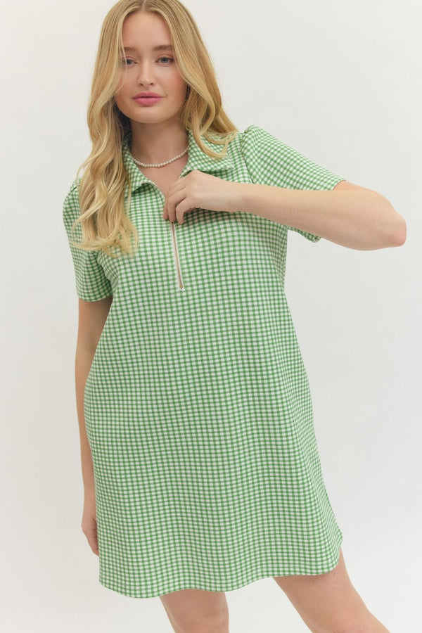 Gingham Print Half Zip Dress- Green