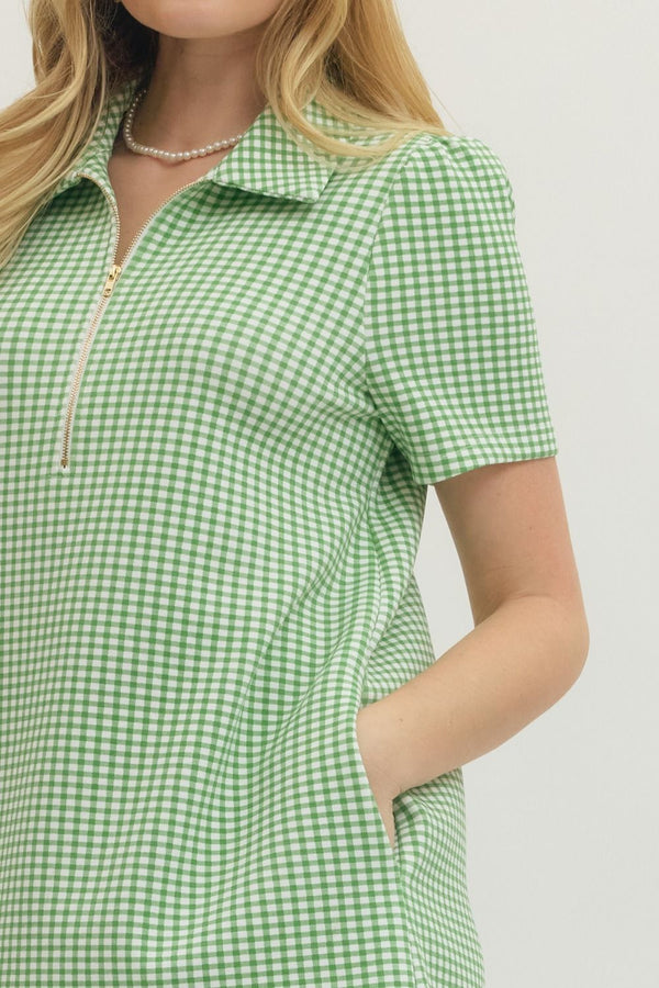 Gingham Print Half Zip Dress- Green
