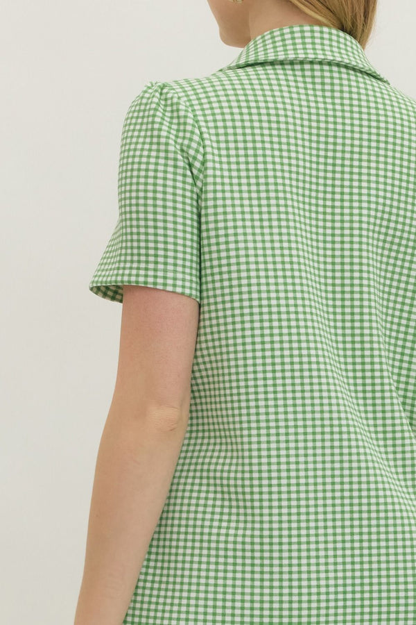Gingham Print Half Zip Dress- Green