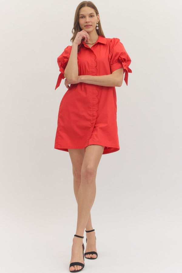 Solid Puff Sleeve Dress- Red