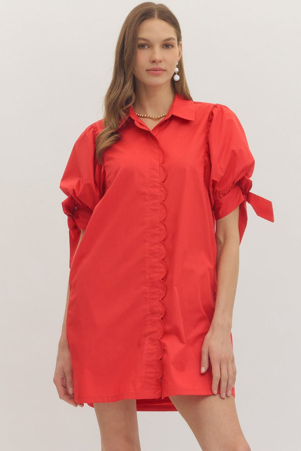 Solid Puff Sleeve Dress- Red