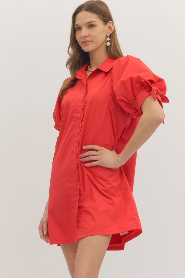 Solid Puff Sleeve Dress- Red