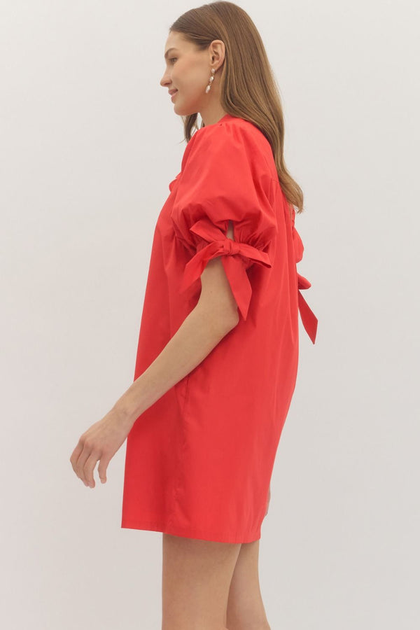 Solid Puff Sleeve Dress- Red